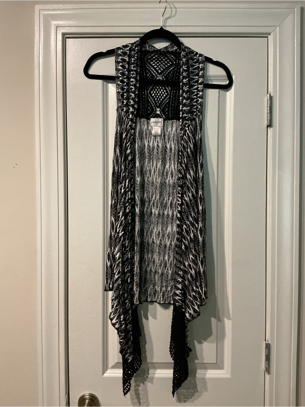 Chico's Black and White Crochet-Back Drape Vest